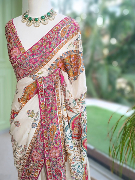 Freya Vibrant White Satin Saree