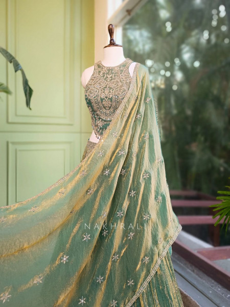 Mirelle Sea Green Lehenga Set with Embroidery and Mirror Work