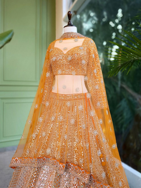 Sitara Orange Net Lehenga with Mirror, Zari and Bead Embellishments