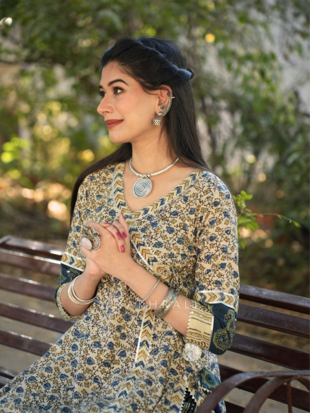 Umrao Cream Angrakha Cotton Kurta Pant Set