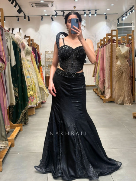 Sorvella Black Indo-Western Skirt Set with Sequin Corset