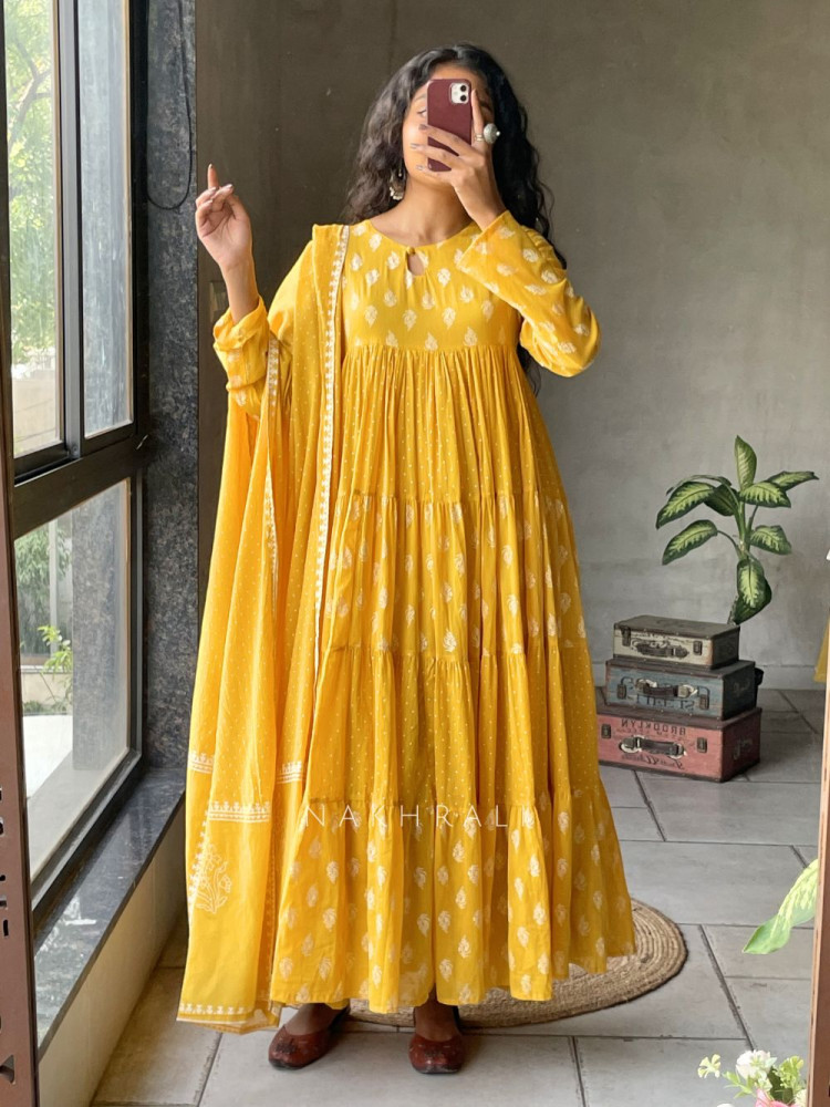Image of Mihira Yellow Cotton Anarkali Suit Set with Printed Dupatta