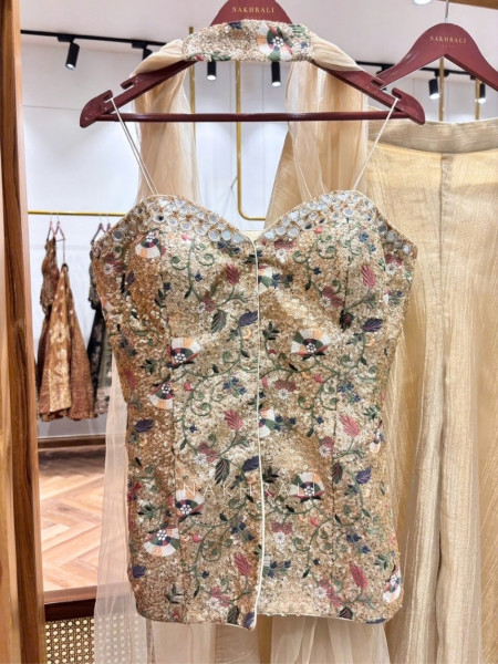 Sweetheart Prism Chickoo Tissue Silk Indo-Western Palazzo Set