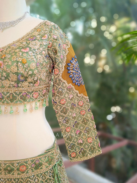 Kivra Green Lehenga Set with Multicolor Embroidery and Dupatta