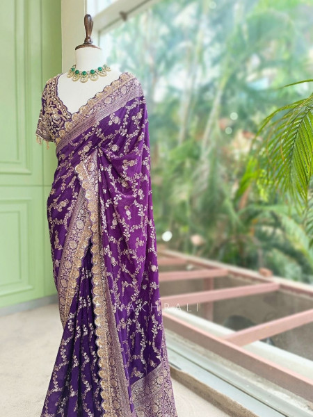 Tarangini Purple Banarasi Silk Blend Saree with Readymade Blouse
