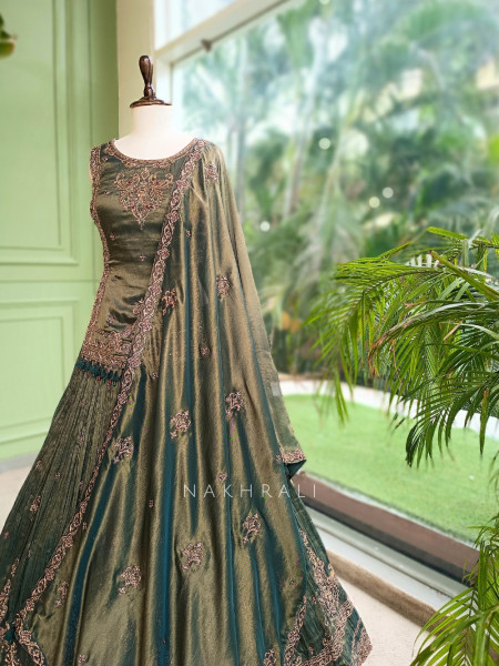 Twilight Moss Olive Green Metallic Tissue Silk Indo-Western Lehenga
