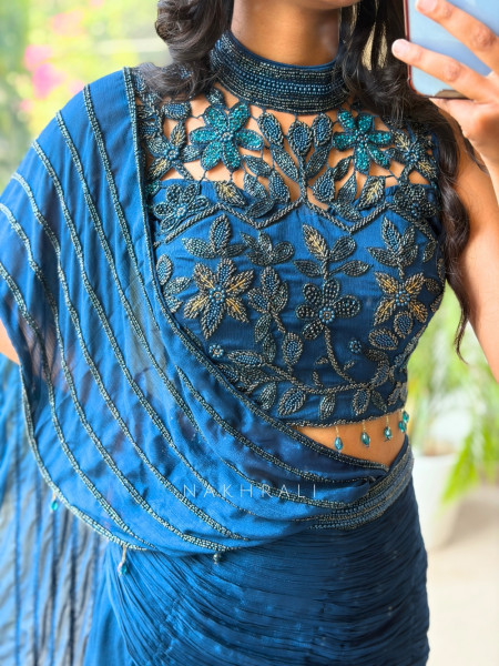 Shadowed Teal Blue Crushed Georgette – Pre-Draped Saree with Blouse