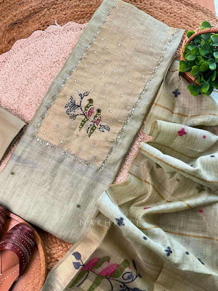 Parisa Sage Green Embroidered Cotton Dress Material with Bird Motifs