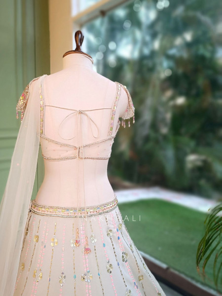 Solaris Petal Off-White Satin Silk & Soft Net Lehenga