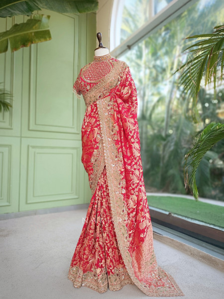 Kundan-Crested Red Banarasi Katan Silk Saree with Readymade Blouse
