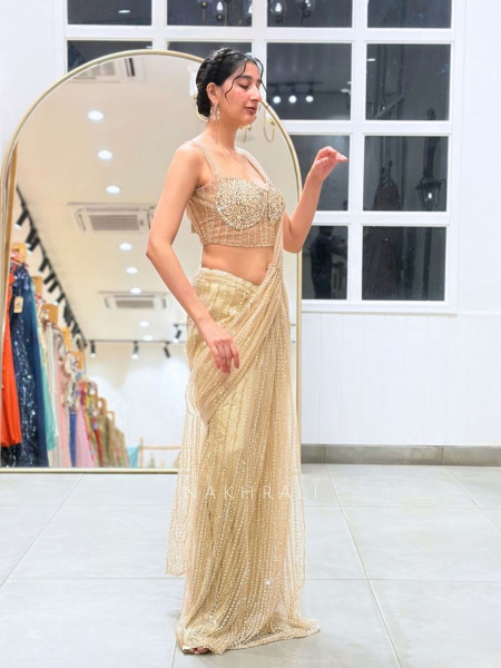 Meridian Beige Tulle Net Pre-Stitched Drape Saree