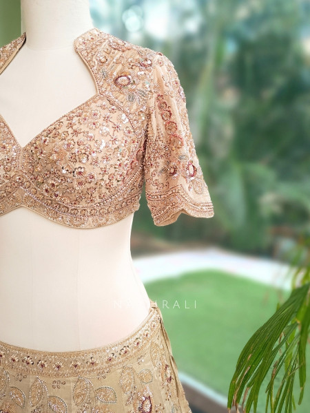Tvarika Beige Tissue Organza Bridal Lehenga With Zardozi Tilla & Scalloped Work