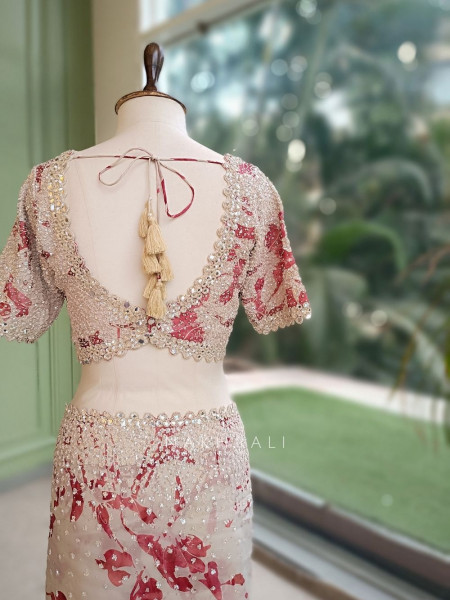 Scarlet Cream Saree with Floral Print & Heavy Embellished Readymade Blouse