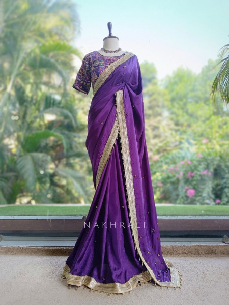 Rati Purple Saree with Gota Patti Border & Multicolor Embroidered Readymade Blouse