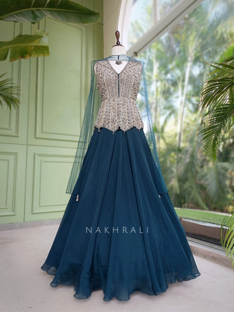 Image of Seravelle Teal Green Net &amp; Georgette Indo-Western Peplum Lehenga Set