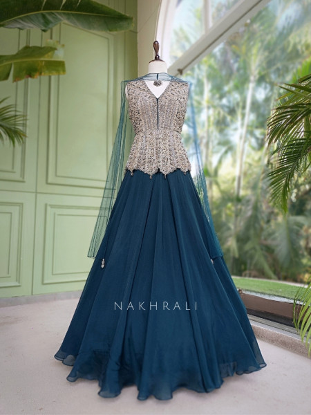 Seravelle Teal Green Net & Georgette Indo-Western Peplum Lehenga Set