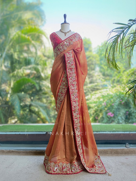 Noor-e-Aftab Orange Saree With Heritage Zardozi & Peacock Elephant Embroidery