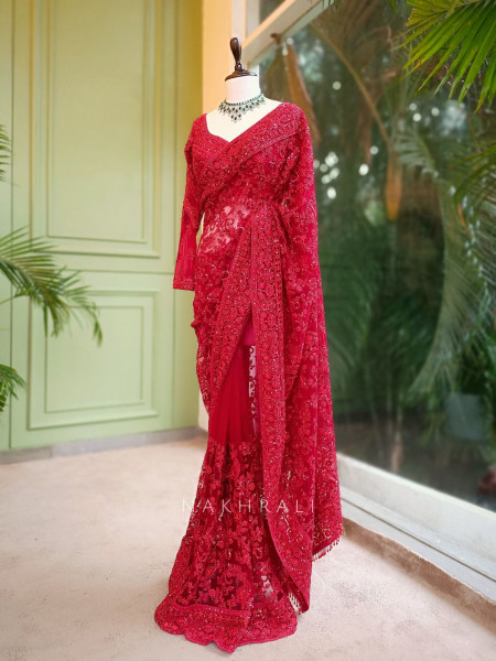 Scarlet Bloom Red Net Saree with Sequin and Stone Embroidery