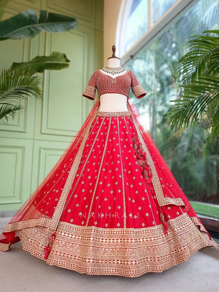 Image of Zardozi Lattice Red Raw Silk &amp; Soft Net Bridal Lehenga