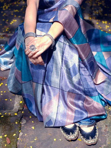 Nirvani Blue Silk Saree with Geometric Abstract Design
