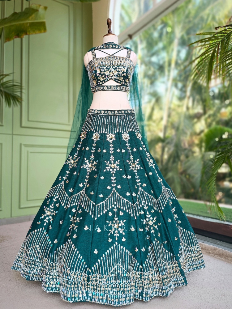 Image of Cloverine Green Raw Silk Indo-Western Lehenga Set