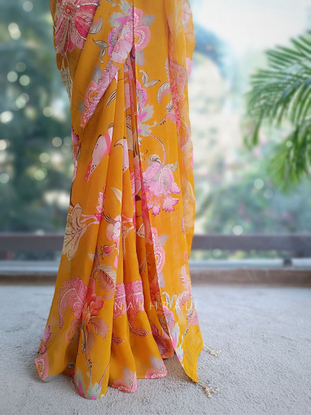 Dahlia Yellow Organza Saree with Sequin and Cut Dana Work
