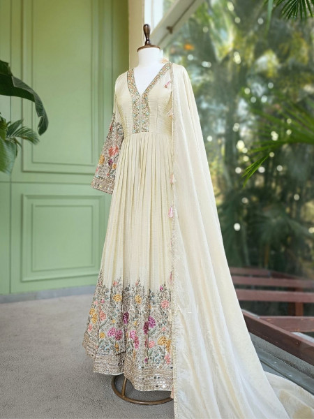 Niraya Cream Anarkali Set with Mirror, Sequin & Thread Embroidery