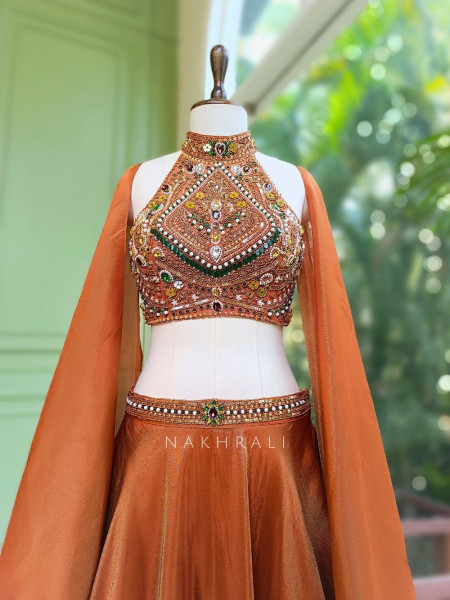 Kairava Rust Zari and Bead Embellished Lehenga Set