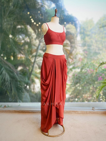 Velira Rust Embroidered Crop Top Skirt Set with Jacket