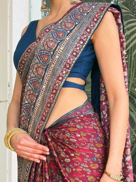 Maroon Floral Ajrak Modal Silk Saree