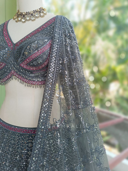 Shimmery Grey Lehenga Set with Embroidery and Sequin Work