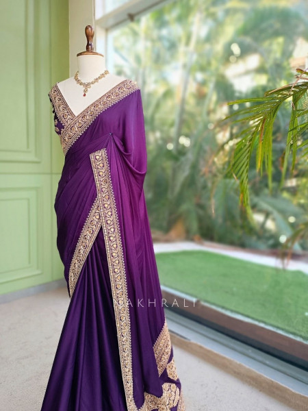 Gilded Borderways Purple Chinnon Silk Saree with Running Blouse