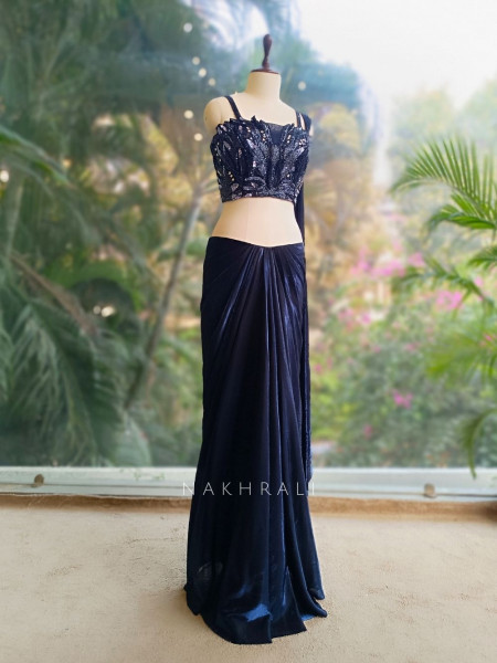 Neelvira Blue Crop Top Drape Skirt Set with Sequin & Cut Dana Work