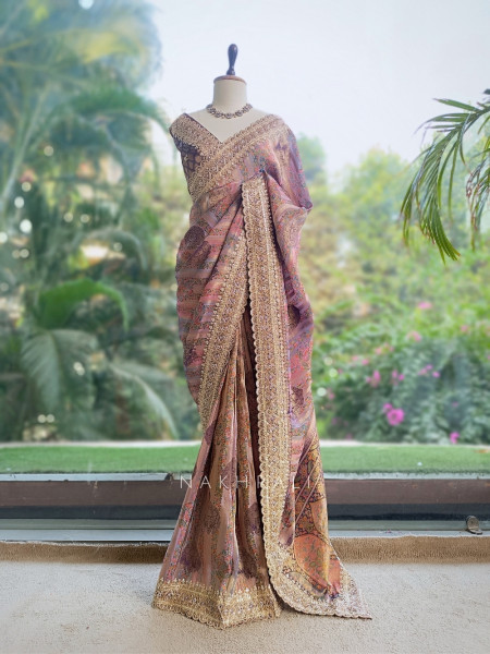 Resham Kyari Purple Crepe Silk Printed Saree