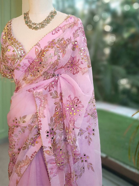Petal Gleam Lavender Floral Silk Organza Saree