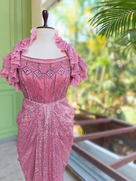 Eirene Pink Sequin Gown with Cut Dana Work and Frill Jacket