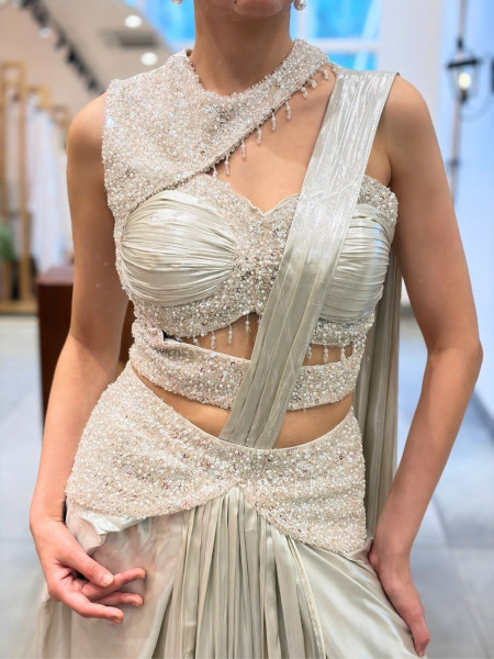 Luminary Off White Satin Blend Drape Saree with Corset Blouse – Bead, Sequin & Cutdana Work