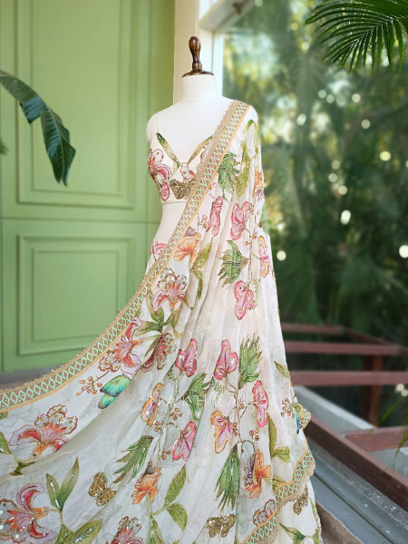 Averelle Off-White Floral Indo-Western Lehenga with Sequin Embroidery