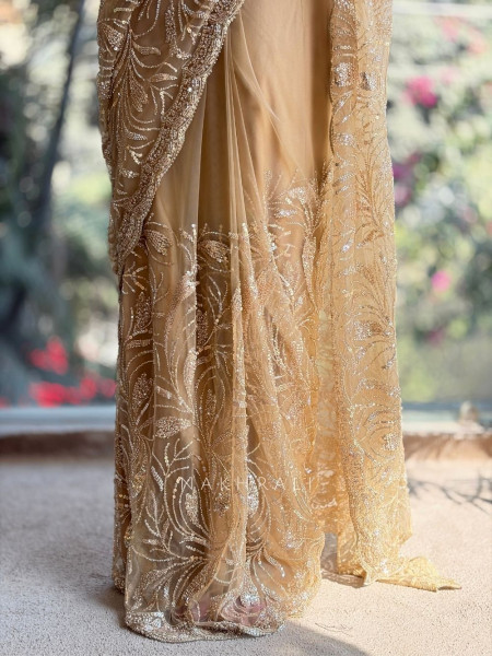 Zehra Gold Sequin Drape Saree with Cut Dana Blouse