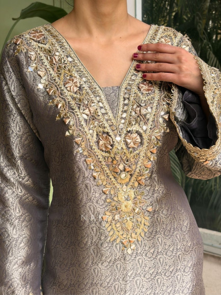 Kyra Grey Straight Dress with Mirror Zari Work