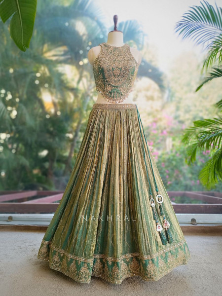 Mirelle Sea Green Lehenga Set with Embroidery and Mirror Work