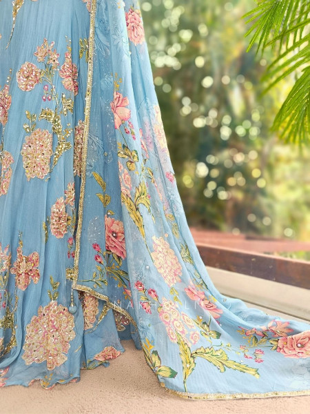 Vihana Sky Blue Lehenga Set with Floral Print and Sequin Work