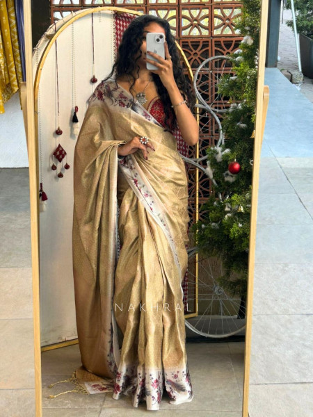 Ishani Golden Silk Saree with Floral Border Print