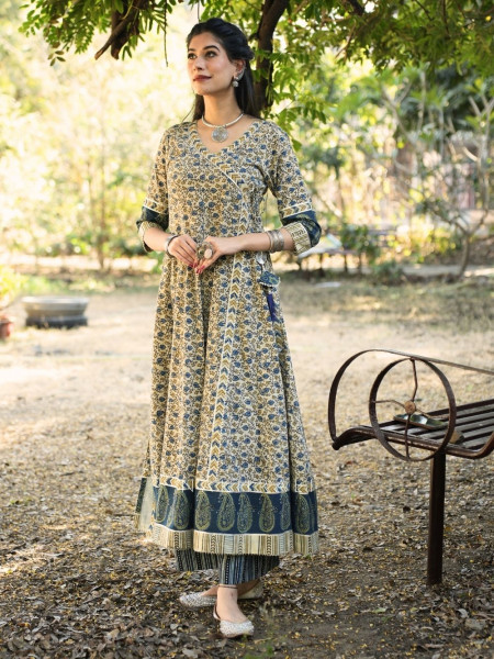 Umrao Cream Angrakha Cotton Kurta