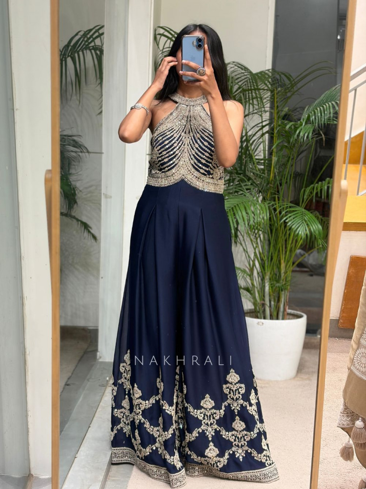 Image of Shasha Blue Jumpsuit – Mirror &amp; Embroidery Work