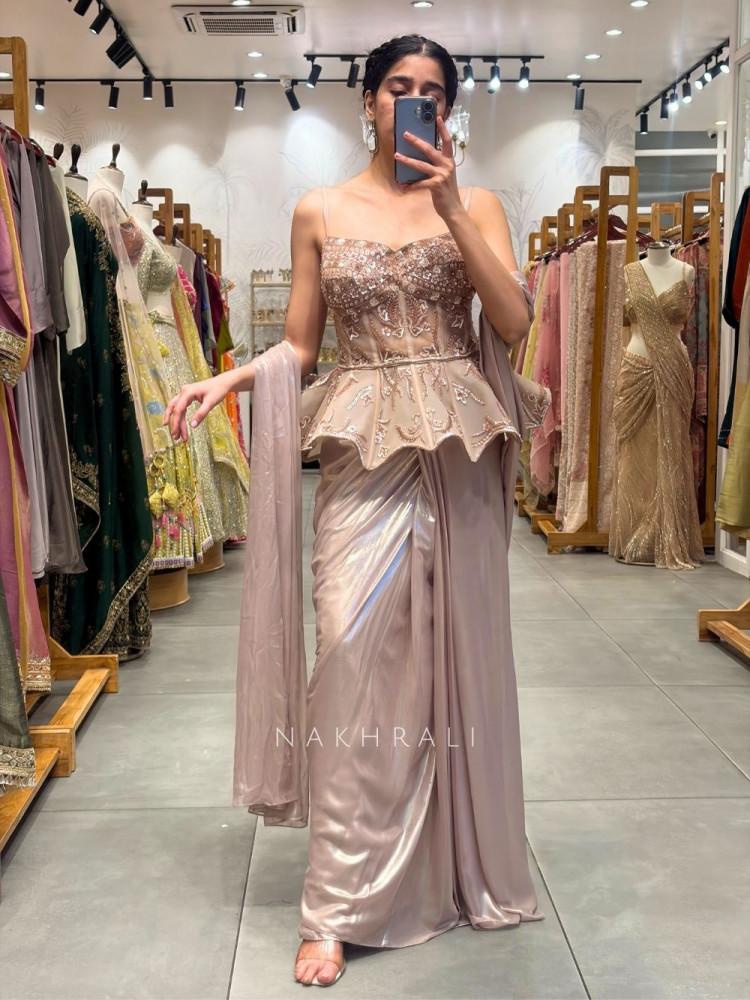 Image of Miraya Pink Indo-Western Drape Saree with Sequin Peplum Blouse