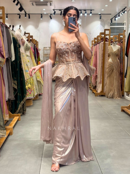 Miraya Pink Indo-Western Drape Saree with Sequin Peplum Blouse