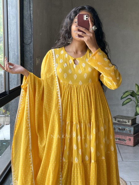 Mihira Yellow Cotton Anarkali Suit Set with Printed Dupatta