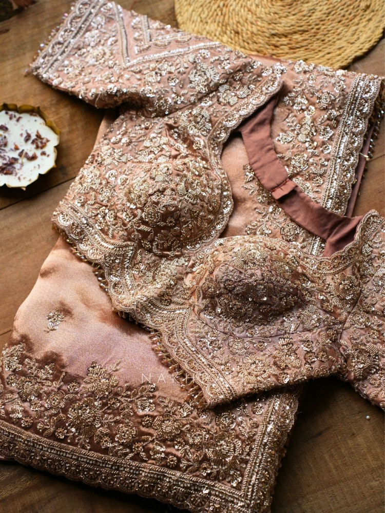 Image of Rivaan Brown Saree with Cut Dana Sequin Embroidery and Readymade Blouse