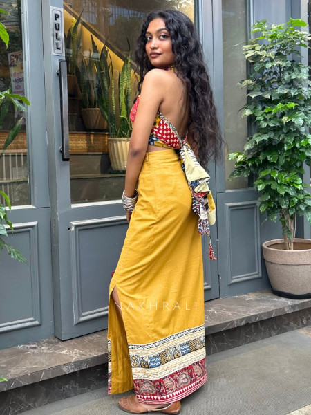 Peetika Mustard Yellow – Slub CottonKalamkari & Ajrakh-Inspired Border